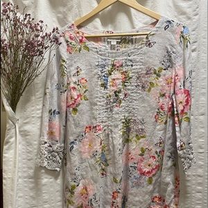 J.Jill 3/4 Sleeve Linen Floral Top with Lace Trim